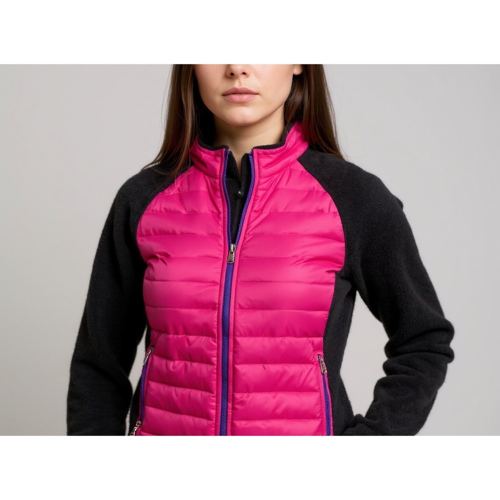 Lauren Ralph Lauren Womens Fleece Puffer Jacket Pink Black Full Zip‎